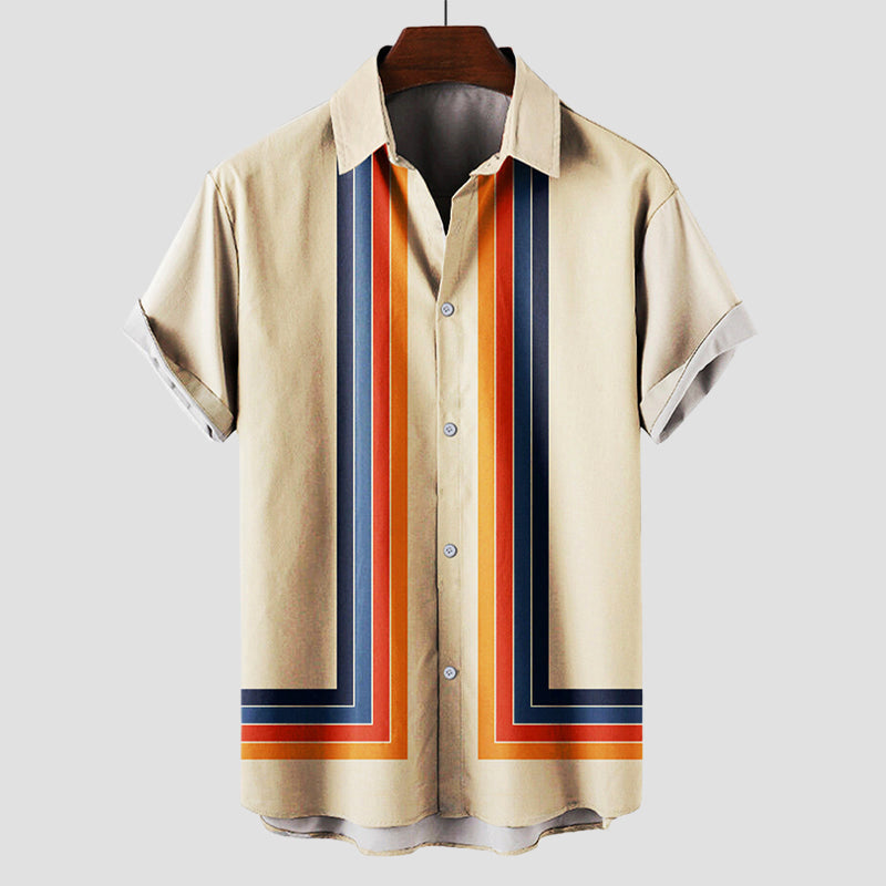 Beige retro stripe short sleeve shirt with navy and orange geometric trim