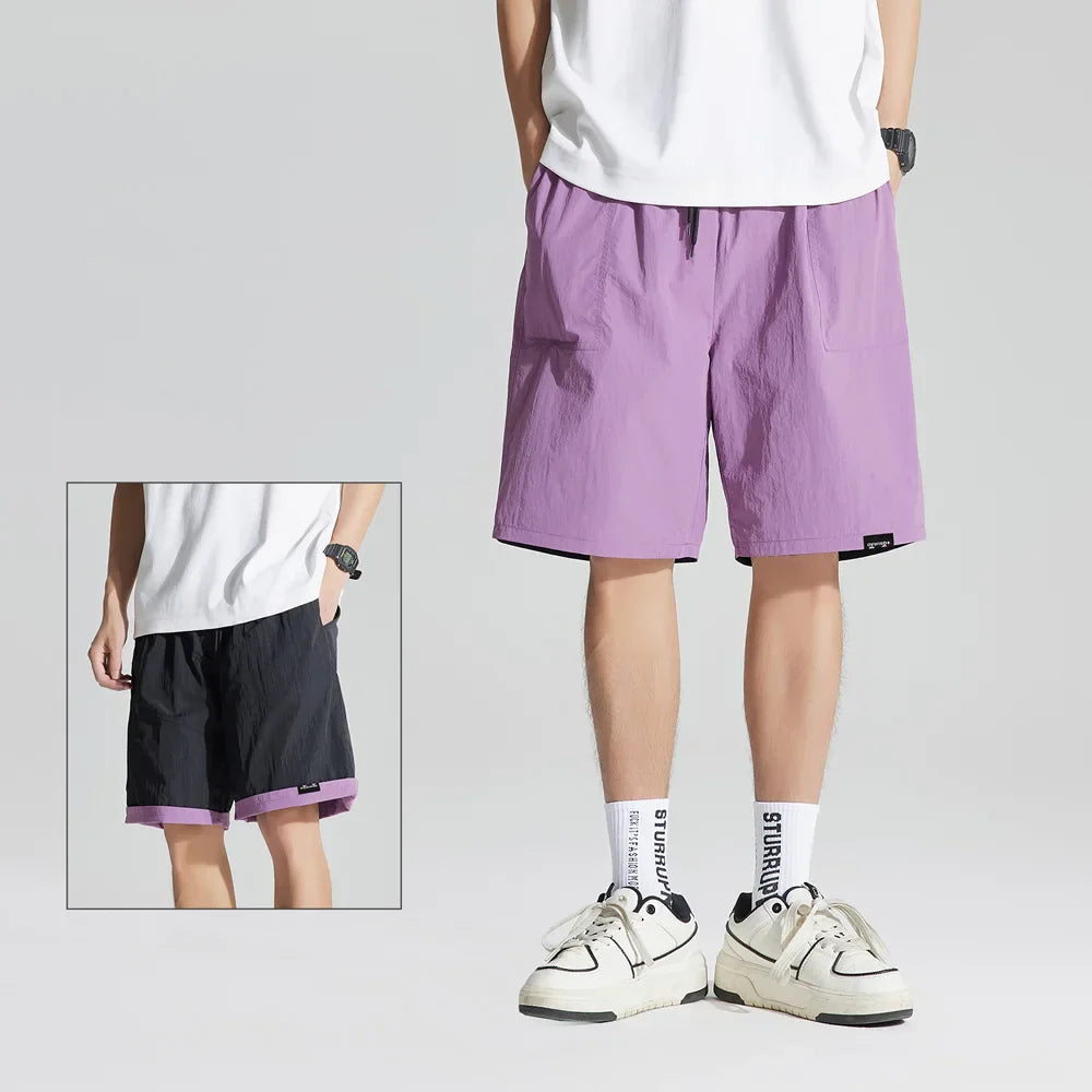 Men's reversible quick dry casual shorts in purple and black, knee-length with relaxed fit