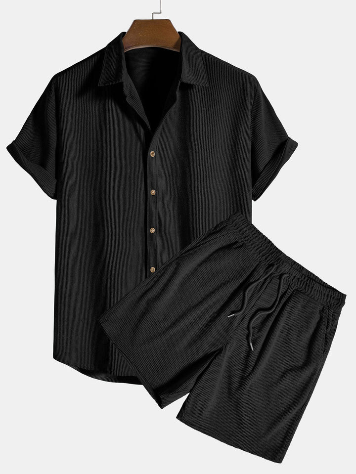 Black ribbed button front shirt and shorts set with short sleeves and matching drawstring shorts