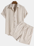 Beige ribbed button front shirt and shorts set with short sleeves and drawstring shorts