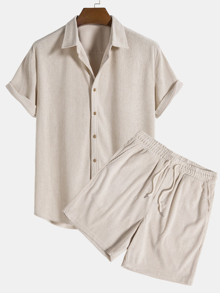 Beige ribbed button front shirt and shorts set with short sleeves and drawstring shorts
