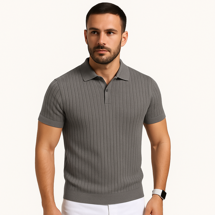 Gray ribbed knit polo shirt with short sleeves and textured vertical stripes, front view