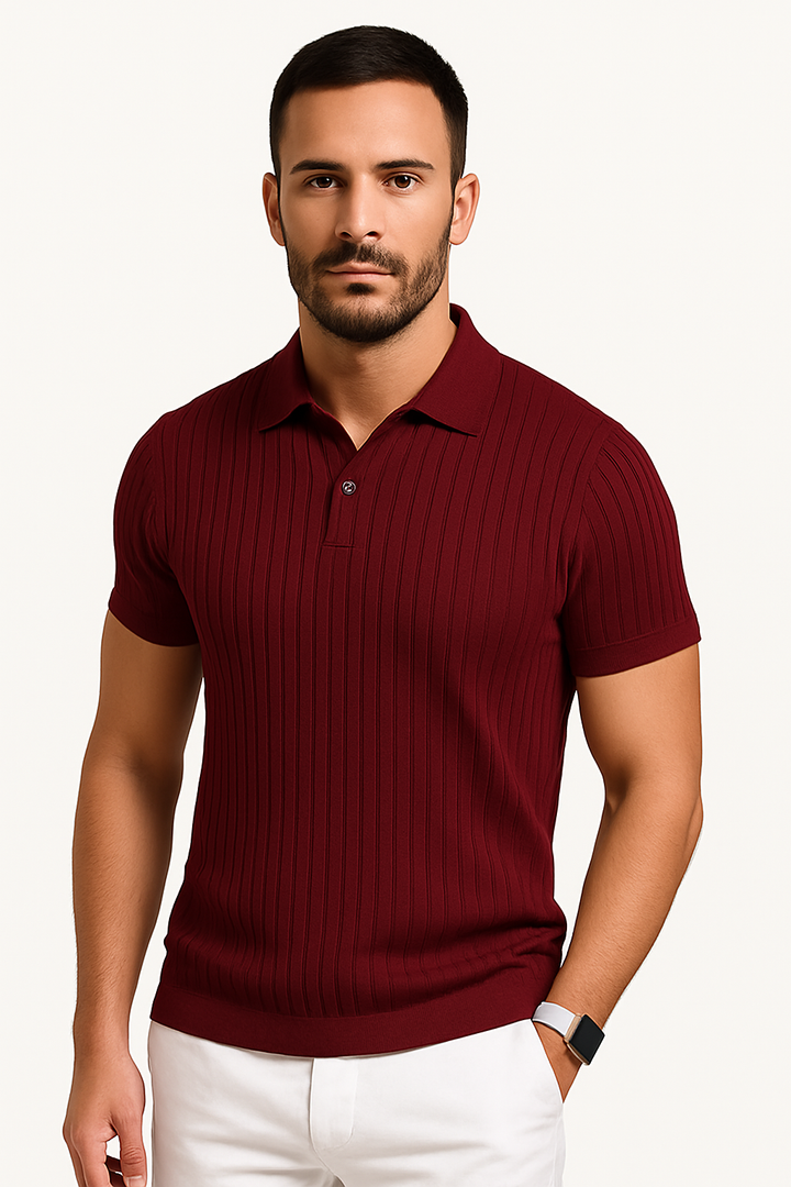 Burgundy ribbed short sleeve polo shirt with collar and fit knit texture, front view