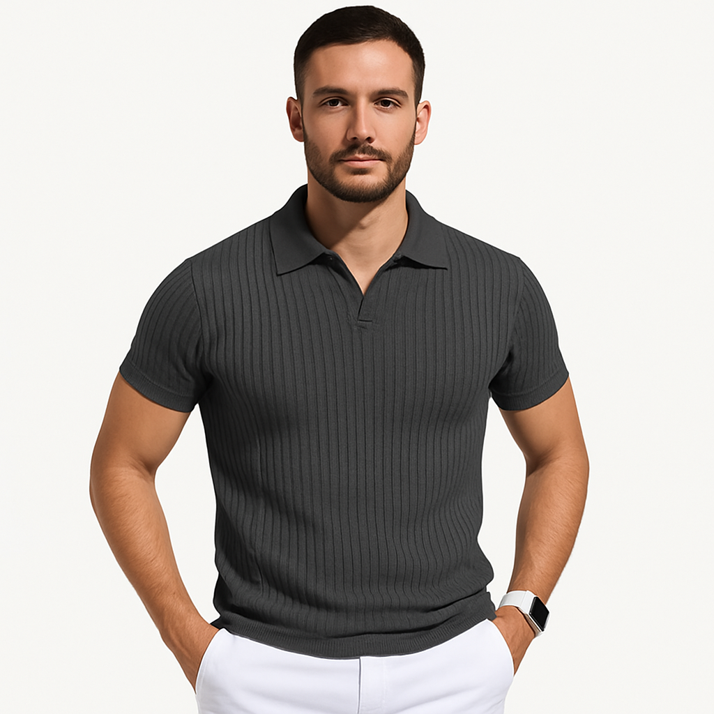 Dark charcoal ribbed short sleeve knit polo shirt with collar and button placket, front view