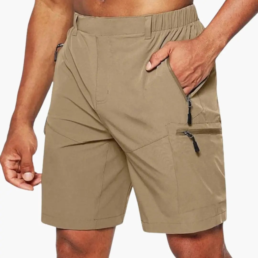 Khaki men ripstop cargo shorts with zip pockets and relaxed fit