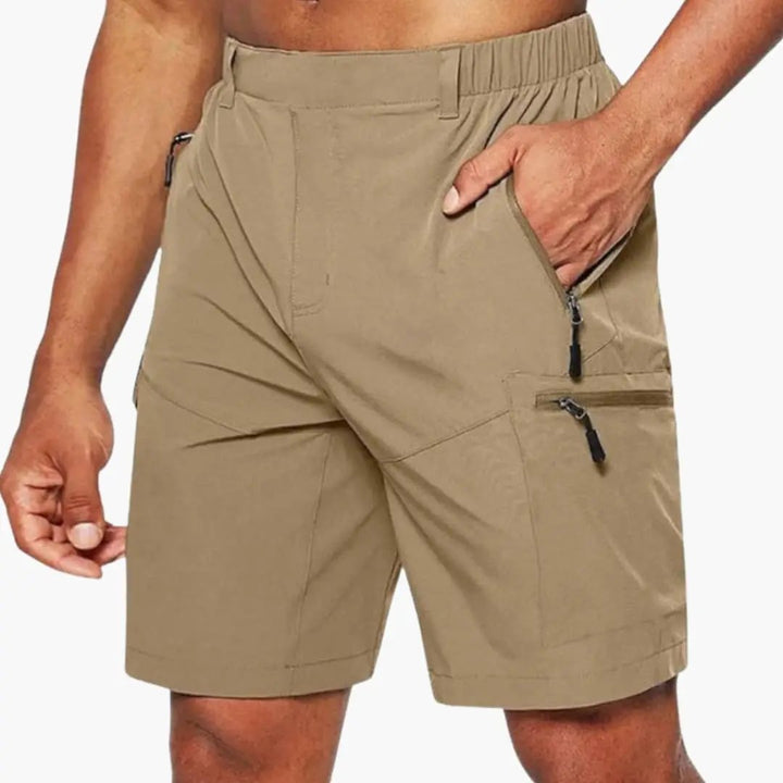 Khaki men ripstop cargo shorts with zip pockets and relaxed fit