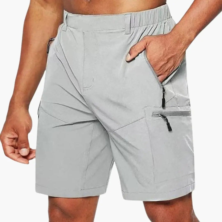Light gray cargo shorts for men with zipper pockets and ripstop fabric