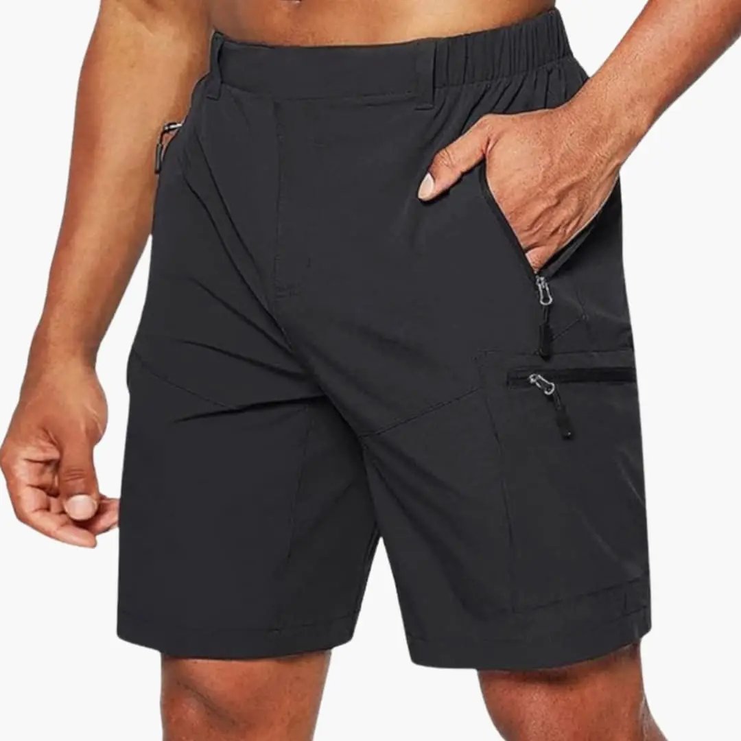 Black ripstop cargo shorts with zipper pockets and side cargo pocket