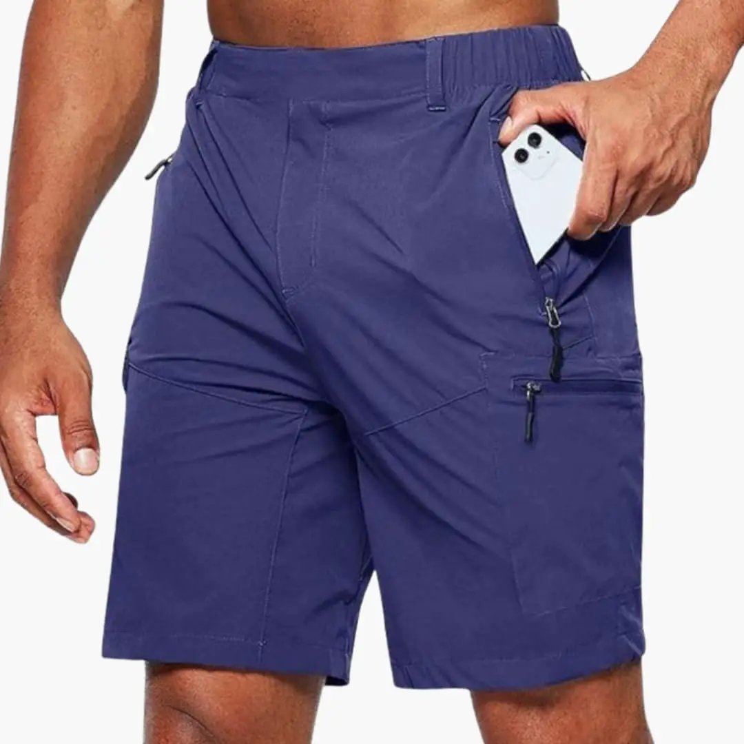 Navy blue men cargo shorts with zipper pockets and durable ripstop material