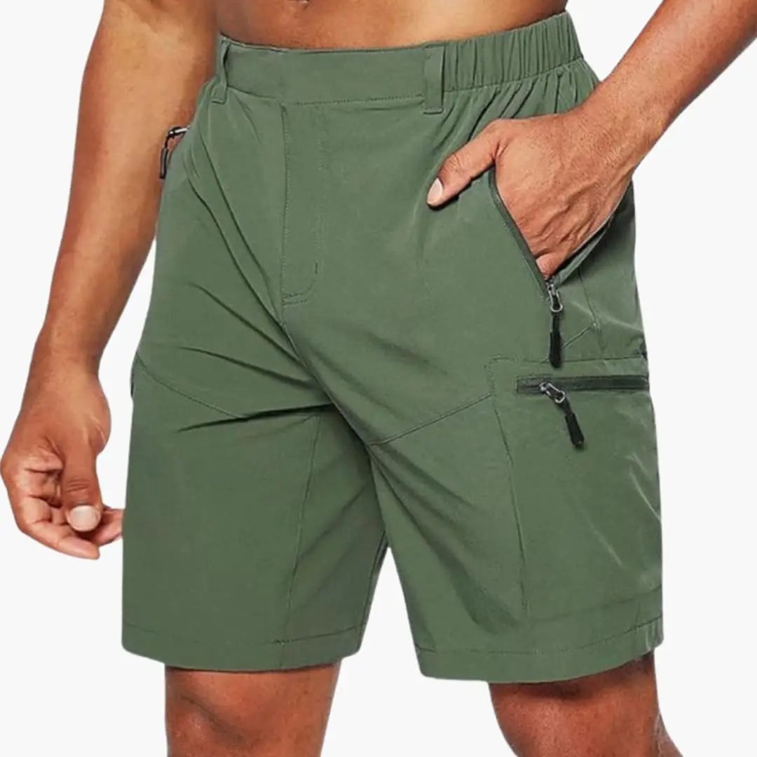 Olive green ripstop cargo shorts for men with zip pockets and elastic waist