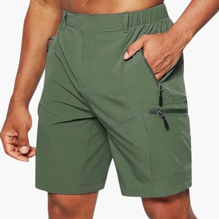 Olive green ripstop cargo shorts for men with zip pockets and elastic waist