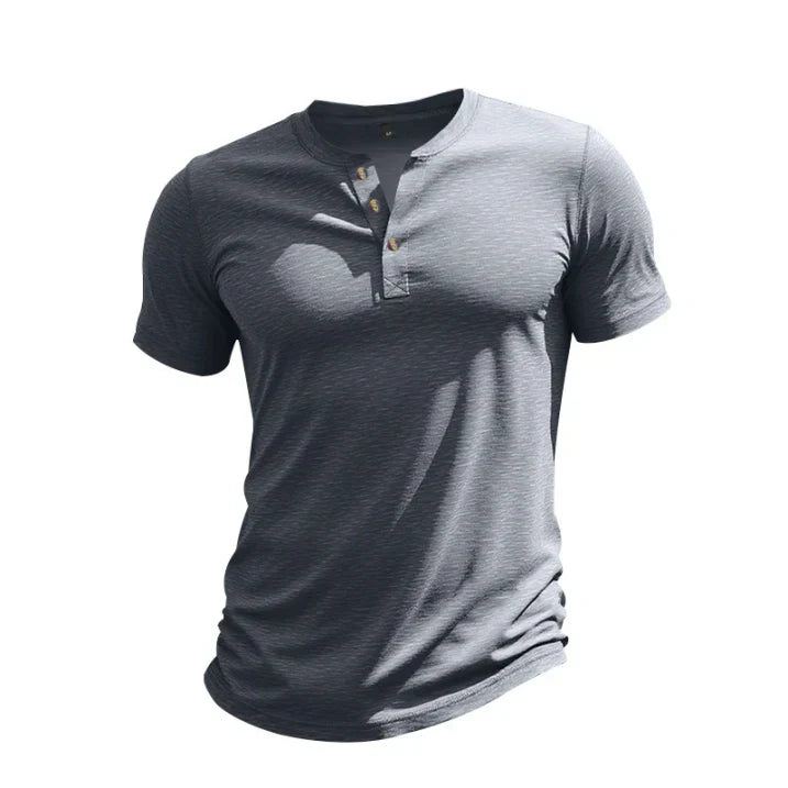 Gray short sleeve Henley t shirt for men with three-button placket