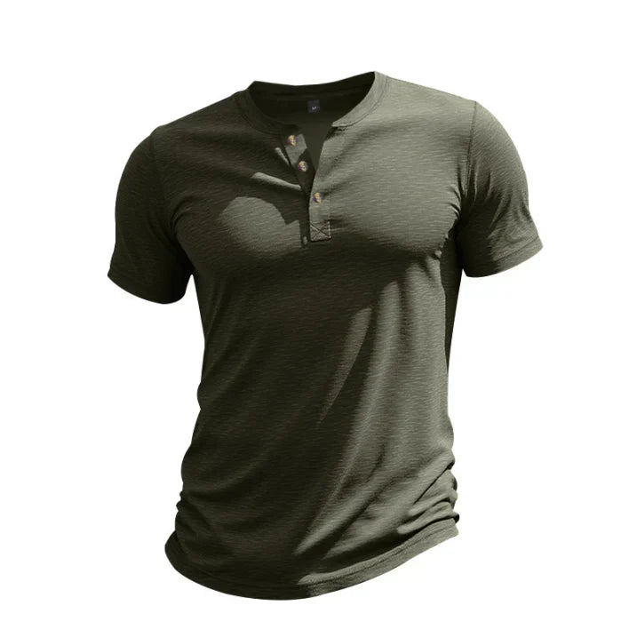 Olive green men’s Henley shirt with short sleeves and button placket