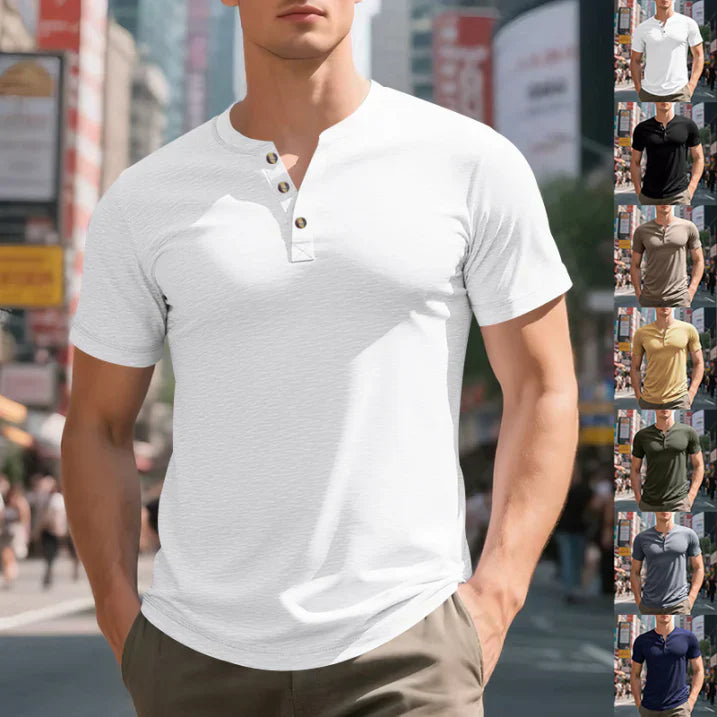 White men short sleeve Henley shirt shown on model with casual fit