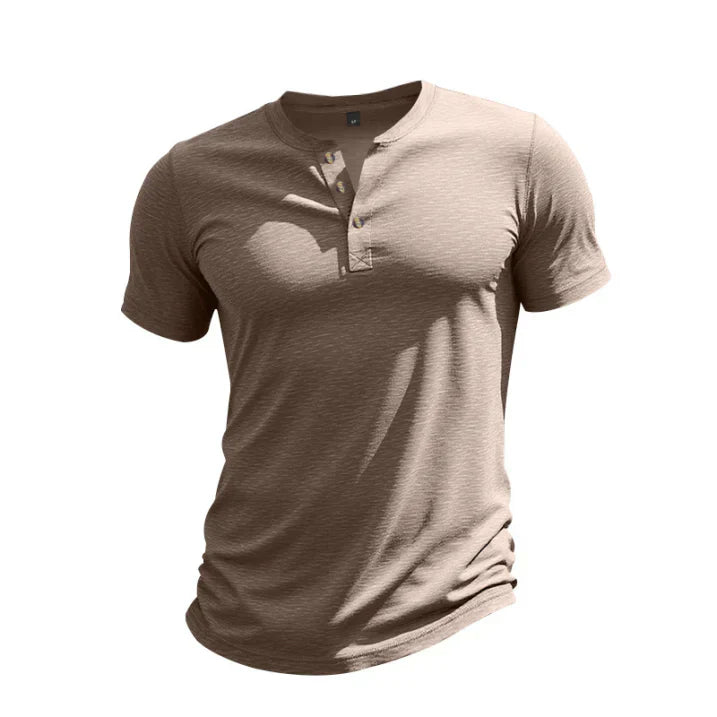 Beige men short sleeve Henley shirt with textured fabric and button placket