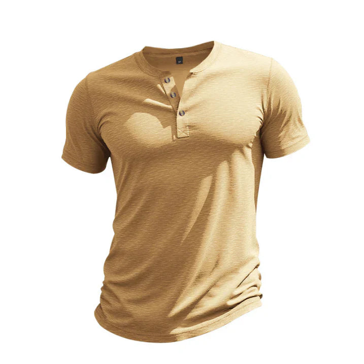Tan short sleeve Henley t shirt for men with three-button front placket