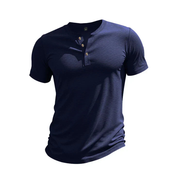 Navy blue men short sleeve Henley shirt with button placket and fitted cut