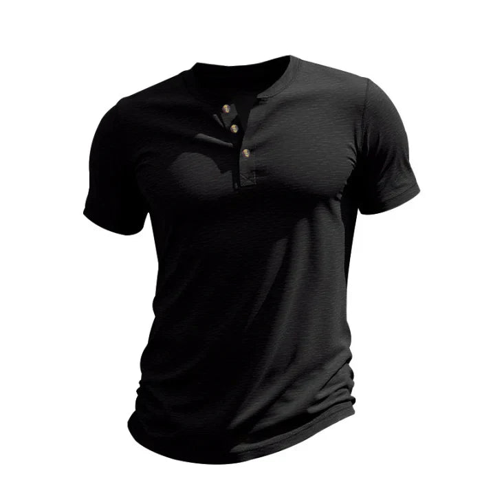 Black men short sleeve Henley shirt with button placket and fit