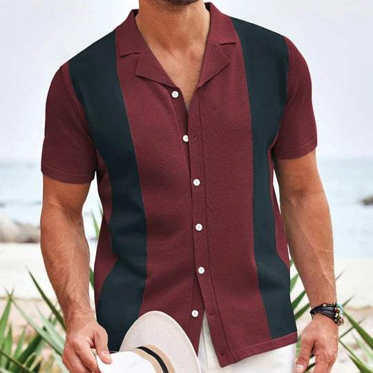 Burgundy short sleeve polo shirt with dark contrast panels and button front