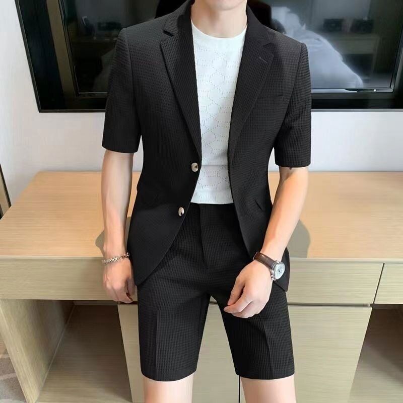 Black textured men's blazer shorts set with short sleeve jacket and tailored shorts