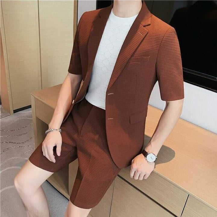 Brown textured men's blazer shorts set with short sleeve jacket and matching shorts