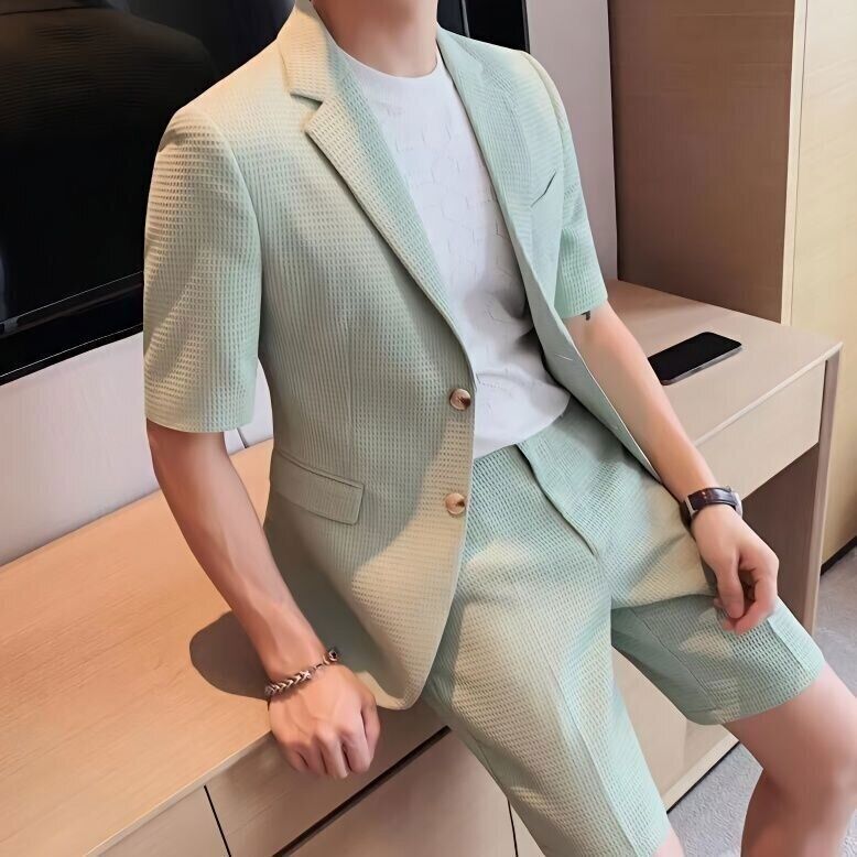 Mint green textured men's blazer shorts set with short sleeve jacket and matching shorts
