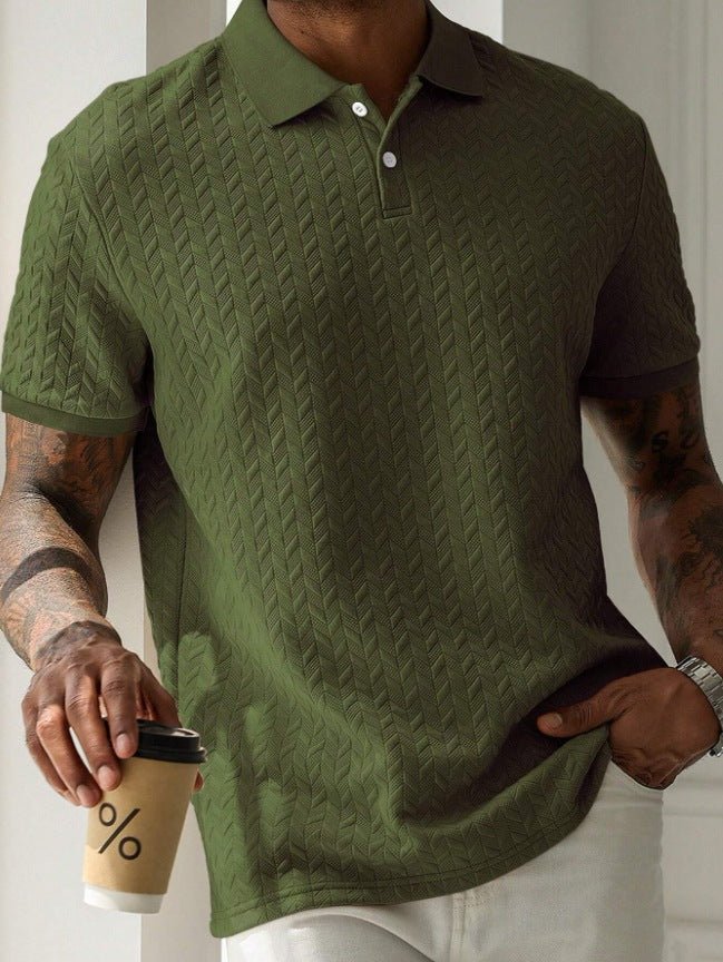Olive green short sleeve textured knit polo shirt with button placket and chevron knit