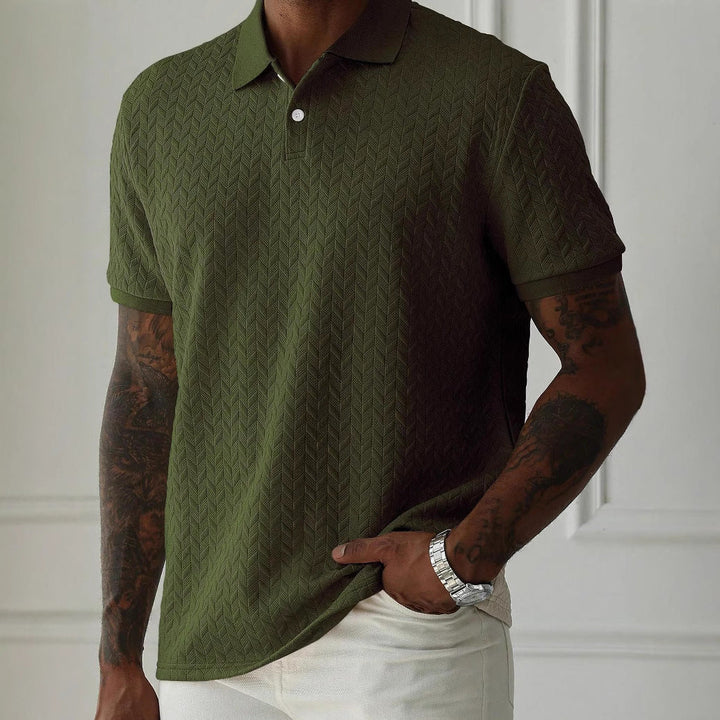 Dark olive short sleeve textured knit polo shirt with fitted collar and raised knit pattern