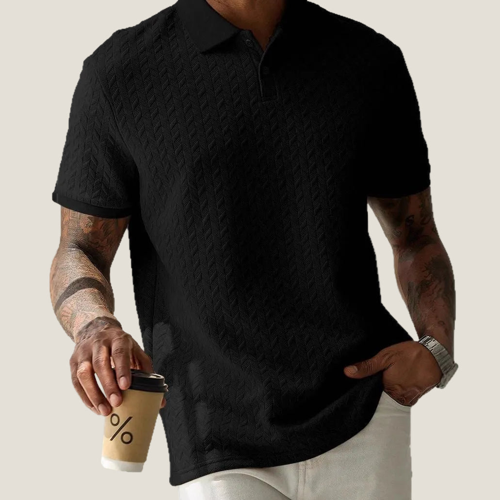 Black short sleeve textured knit polo shirt with subtle geometric knit and classic collar