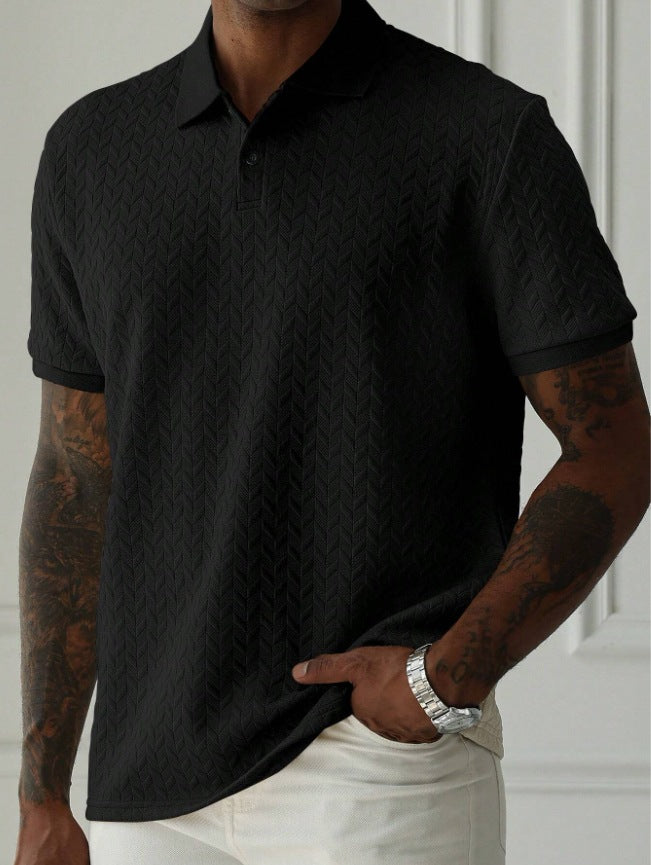 Black short sleeve textured knit polo shirt shown front view with button placket and ribbed cuffs