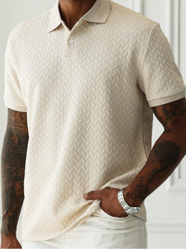 Light beige short sleeve textured knit polo shirt with pointed collar and clean front fit