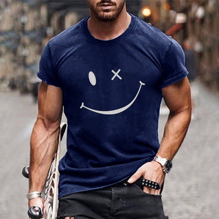 Navy blue crew neck short sleeve t shirt with large smiley face print