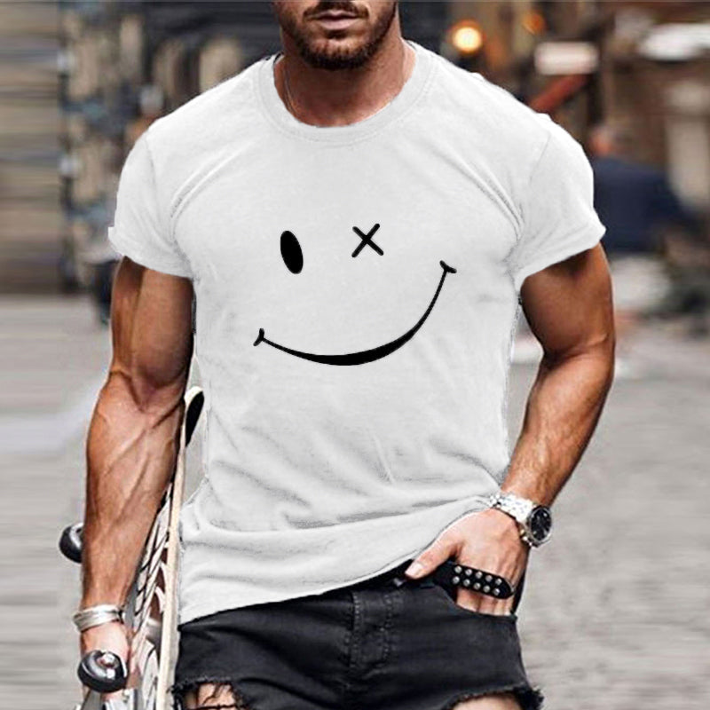White crew neck t shirt featuring black smiley face graphic and short sleeves