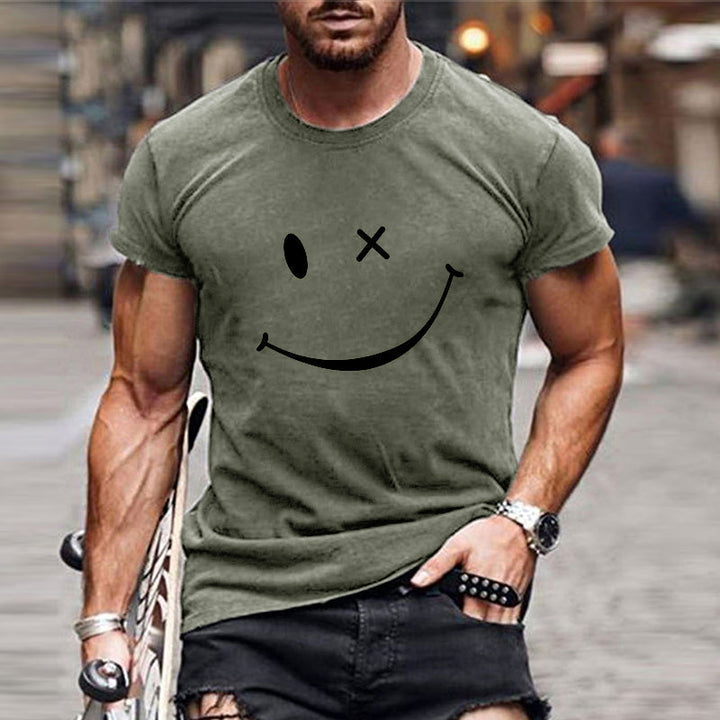 Olive green smiley graphic t shirt with crew neck and fitted short sleeve design