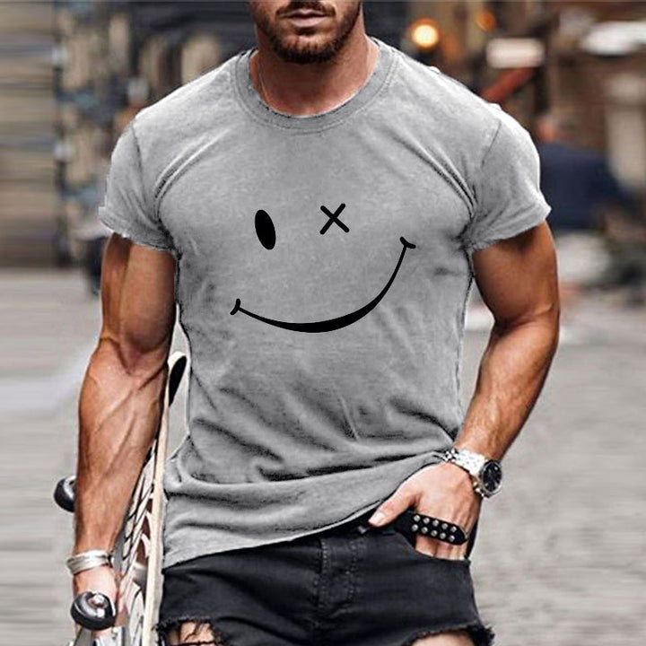 Light gray crew neck short sleeve t shirt with bold smiley face front print