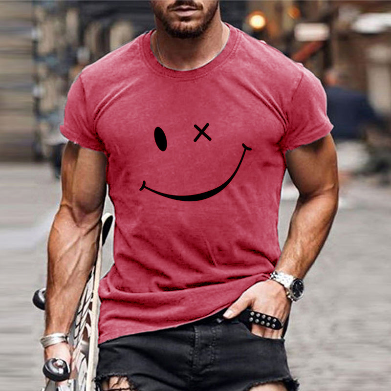 Red crew neck t shirt with smiley face graphic and rolled short sleeves
