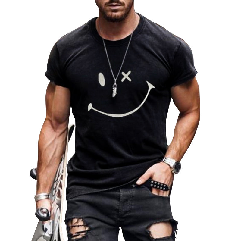Black crew neck t shirt with smiley face graphic, short sleeves and casual fit
