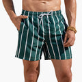Product view of men striped swim shorts with pockets, dark green and white vertical stripes