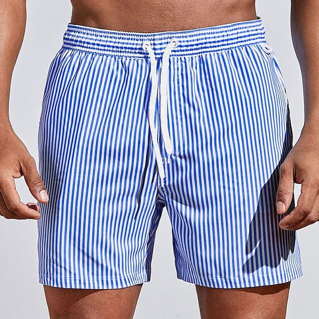 Blue and white vertical striped men swim shorts with drawstring waistband, quick dry bathing suit