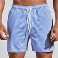 Blue and white vertical striped men swim shorts with drawstring waistband, quick dry bathing suit