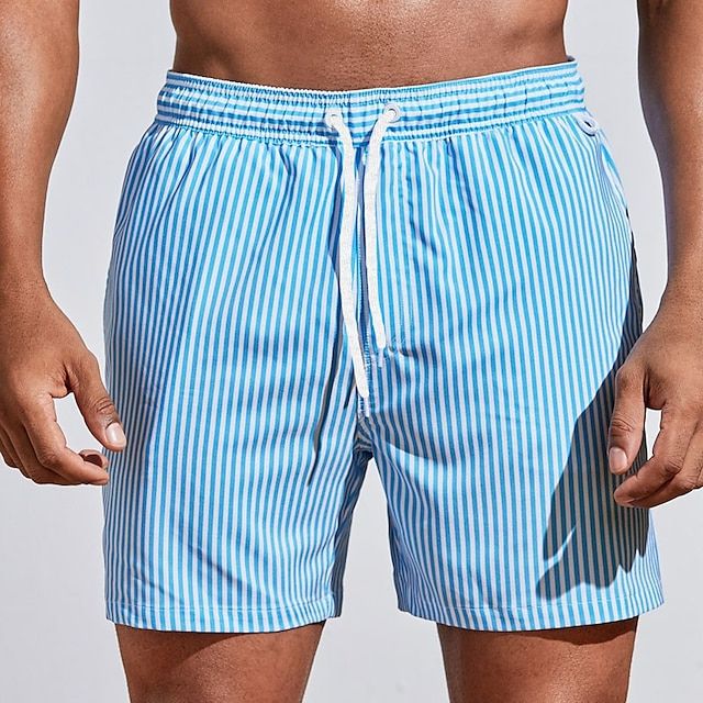 Sky blue striped men swim shorts with white drawstring and elastic waist, quick dry swimsuit