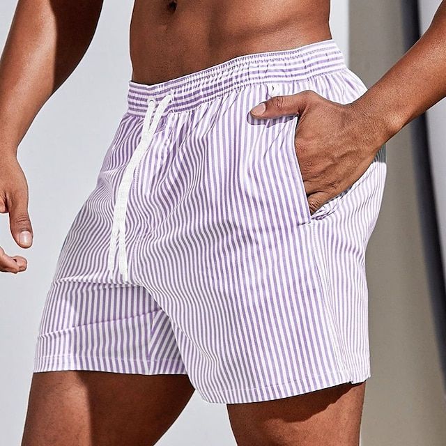 Purple and white striped men swim shorts angled view with side pocket and drawstring, quick dry