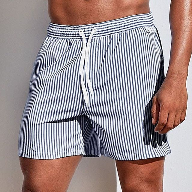 Navy and white striped men swim shorts with drawstring waist and pocket detail, quick dry swimsuit