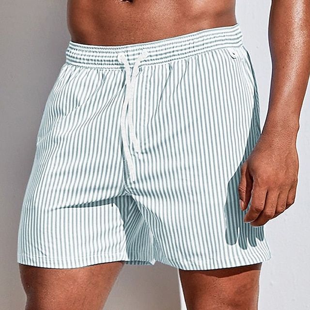 Light blue and white striped men swim shorts with elastic waist and drawstring, quick dry swimsuit