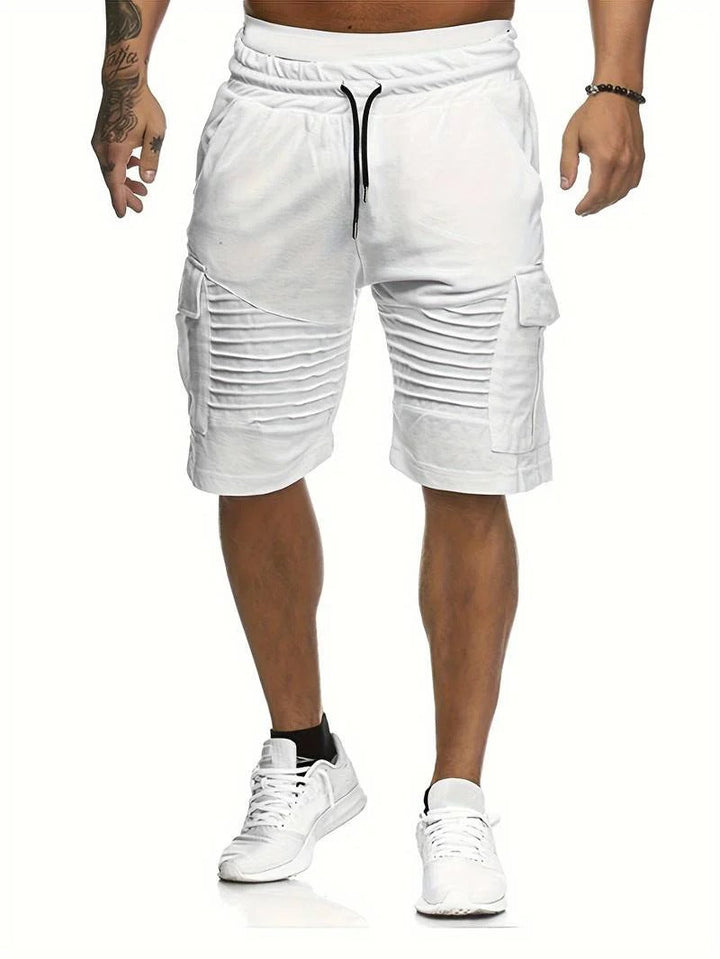 Front view of white men summer cargo knee length shorts with pockets and ribbed thigh details