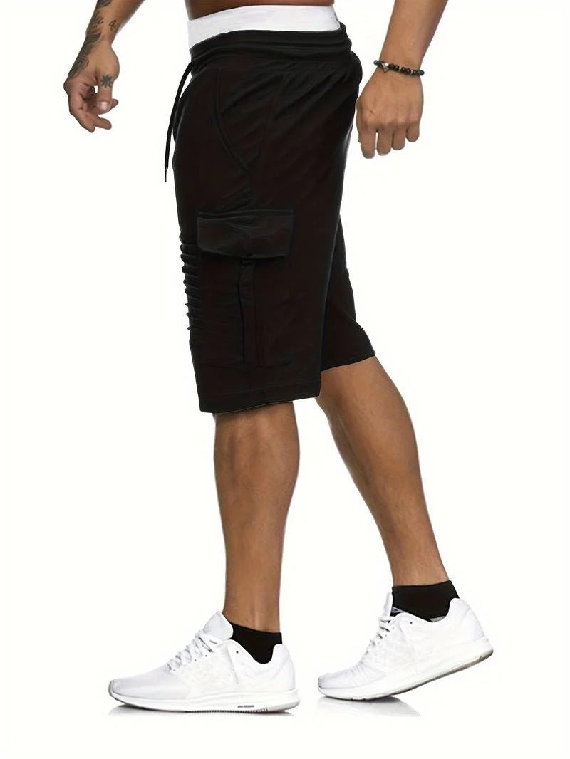 Side view of black men cargo knee length shorts with flap pocket and drawstring waistband