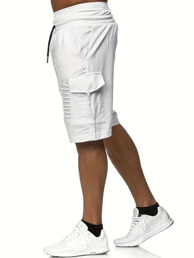 Side view of white men summer cargo knee length shorts with large pocket and knee length cut