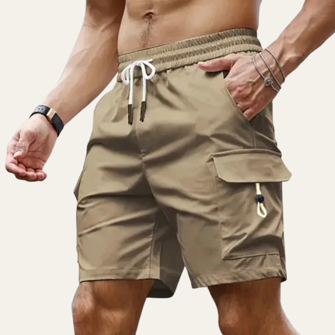 Khaki men cargo shorts with pockets and drawstring waist, shown in a casual summer shorts fit