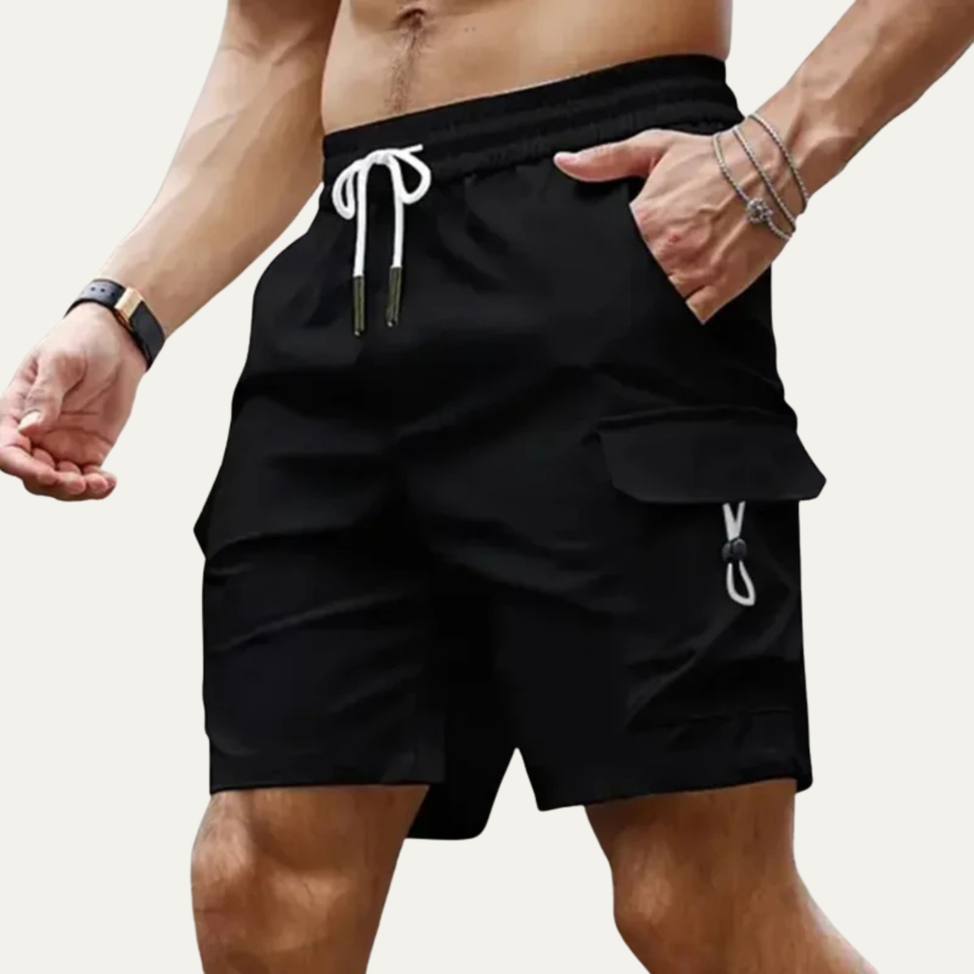 Black men summer cargo shorts with pockets, elastic waistband, and flap pocket on the thigh