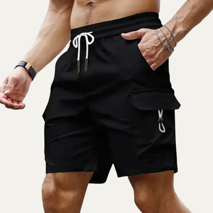 Black men summer cargo shorts with pockets, elastic waistband, and flap pocket on the thigh